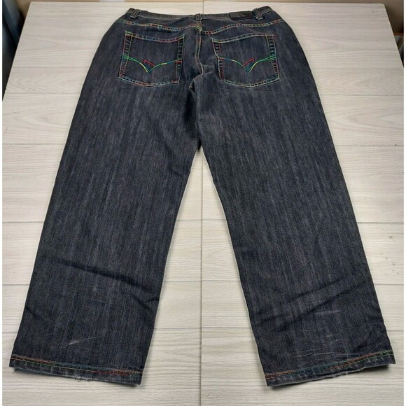 Regal Jeans Mens 40 Black Baggy Hip Hop Embroidered Wide Leg Y2K 38x31.5 Street - Picture 2 of 12